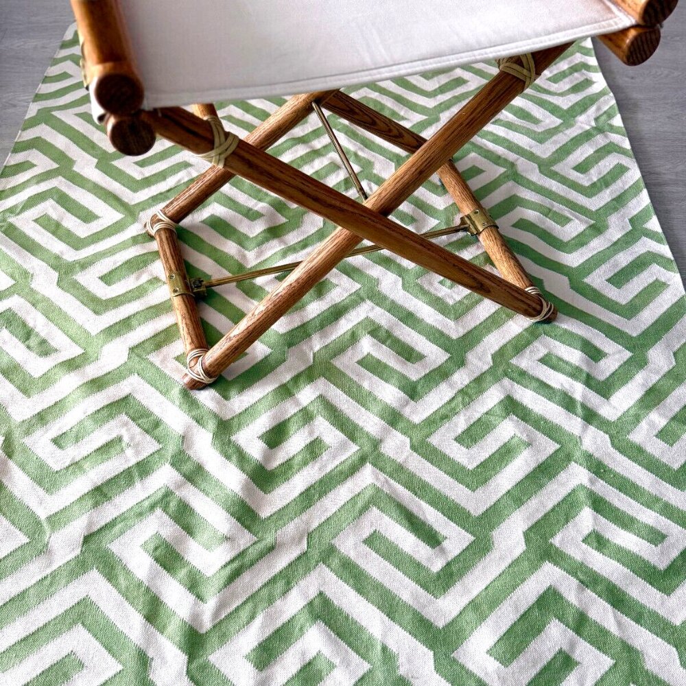 Green White Chevron Area Rug Small 71x49" (6x4 ft) Geometric Greek Key Handwoven